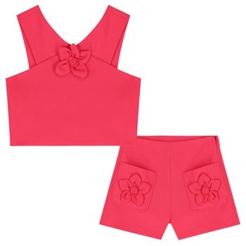 Girls Pink Crepe Flower Shorts Set