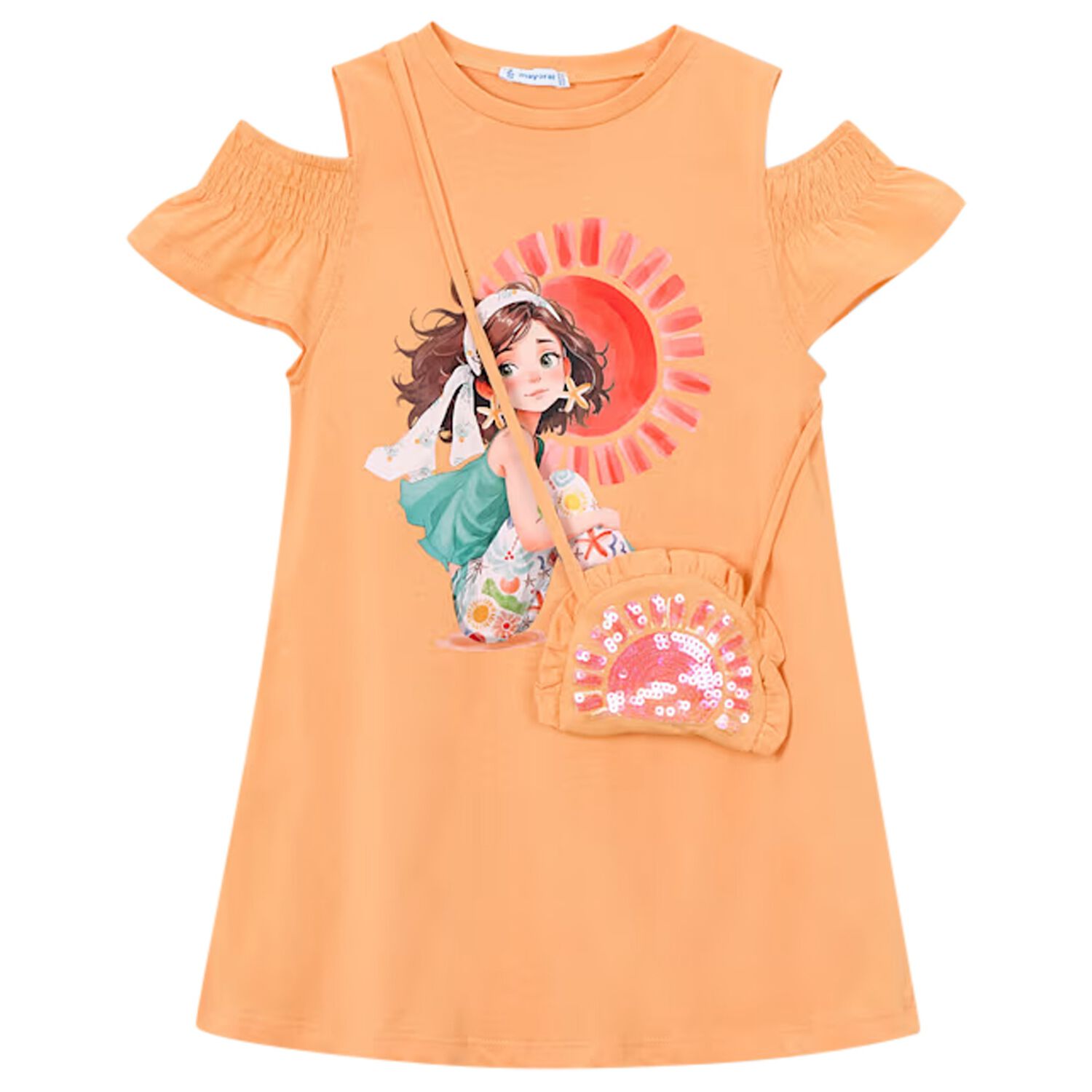 Girls Orange Ruffled Dress Set, 3, hi-res