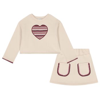 Girls Beige Heart Skirt Set