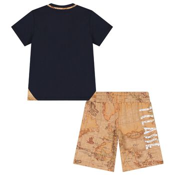 Boys Navy Blue & Beige Geo Map Shorts Set