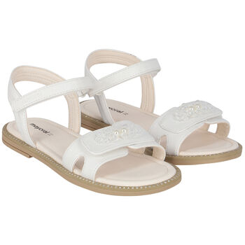 Girls White Crystal & Pearl Embellished Sandals