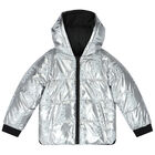 Girls Silver & Black Logo Reversible Puffer Jacket, 1, hi-res