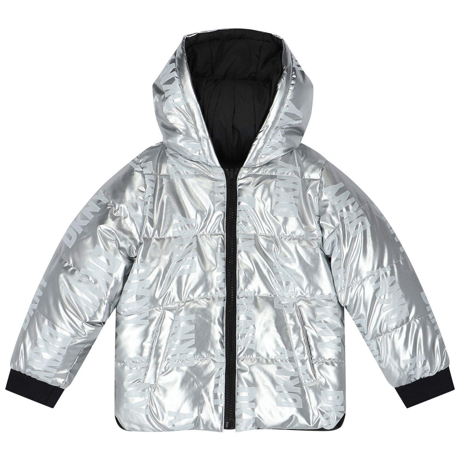 Girls Silver & Black Logo Reversible Puffer Jacket, 1, hi-res