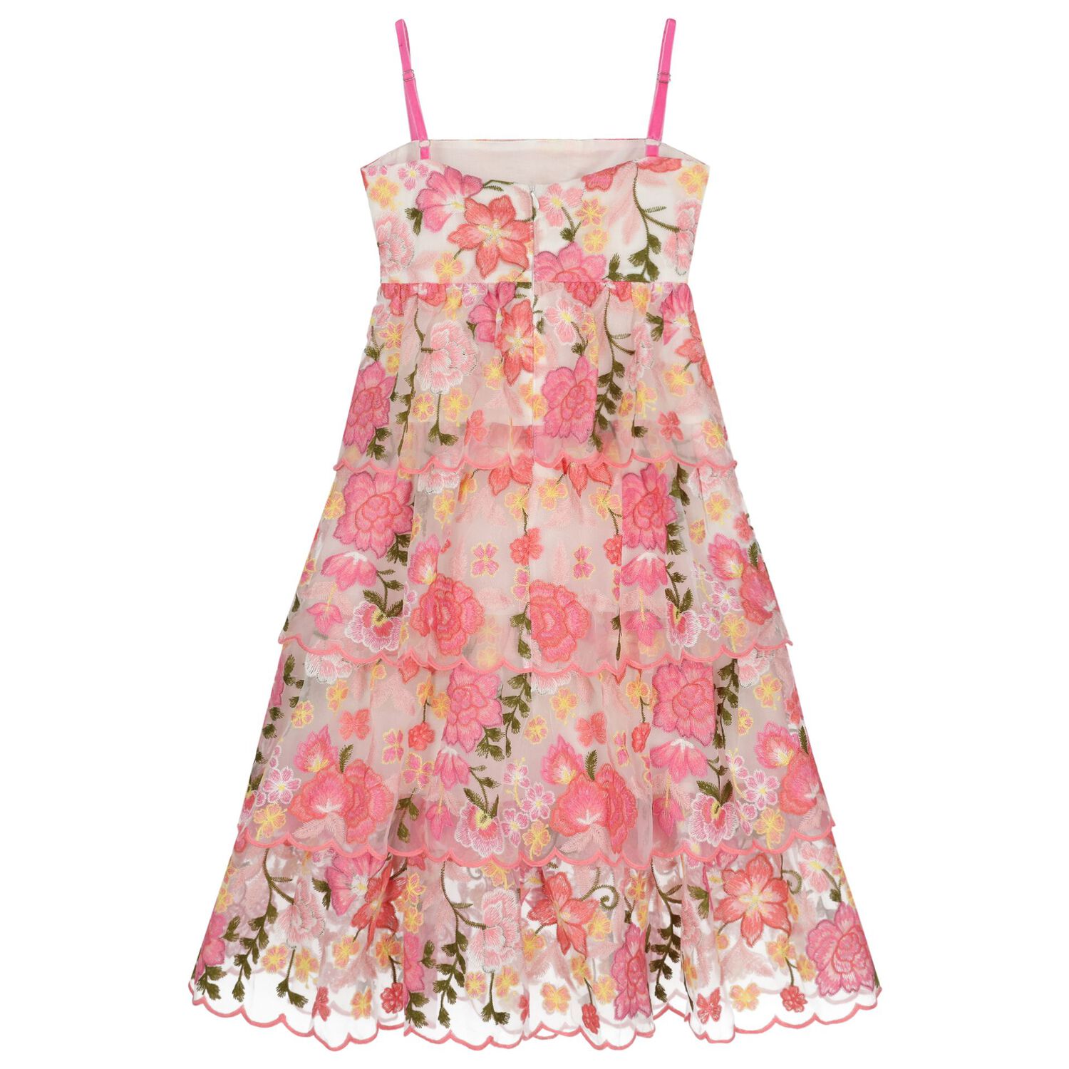 Girls Pink Floral Embroidered Tiered Dress, 1, hi-res