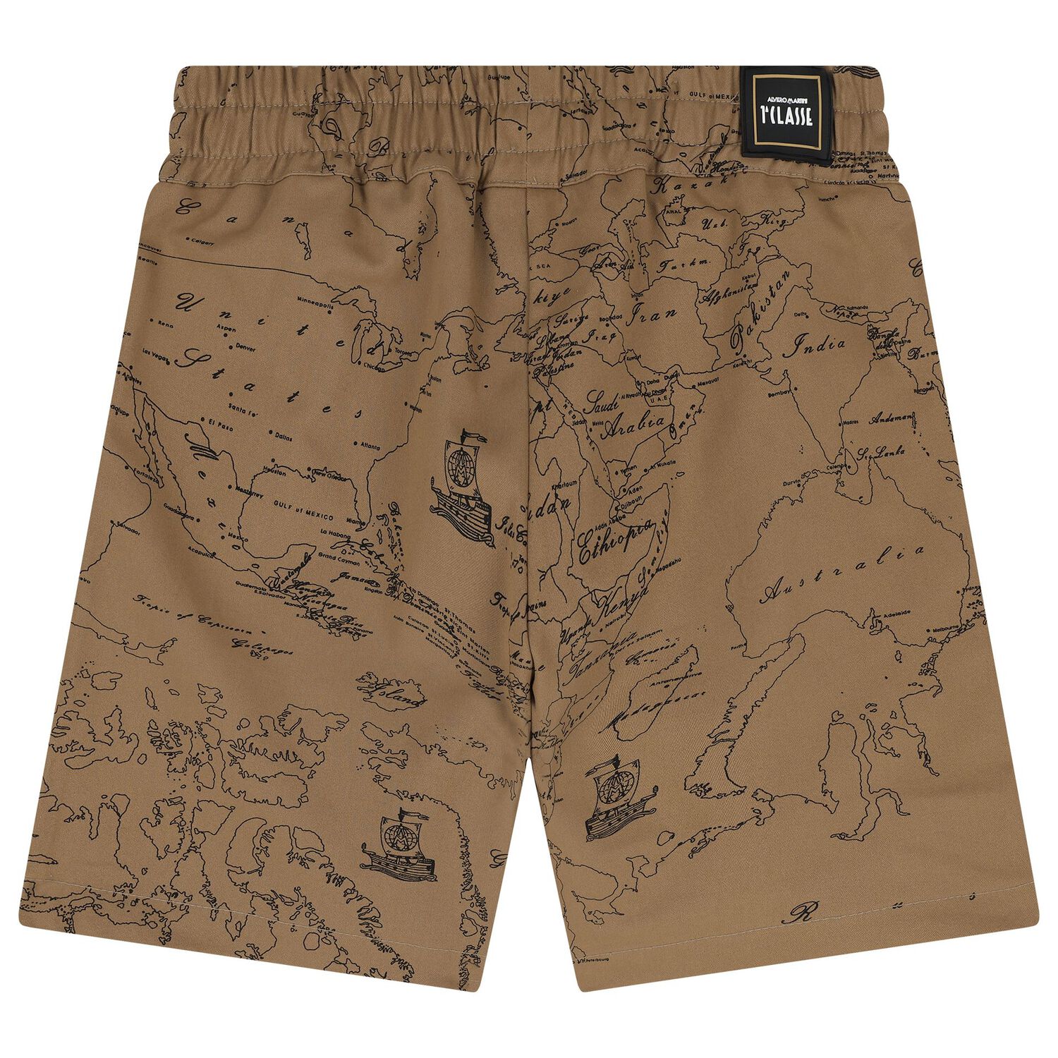 Boys Beige Compass Geo Map Shorts, 1, hi-res