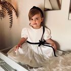 Girls White Satin Bow Dress, 1, hi-res
