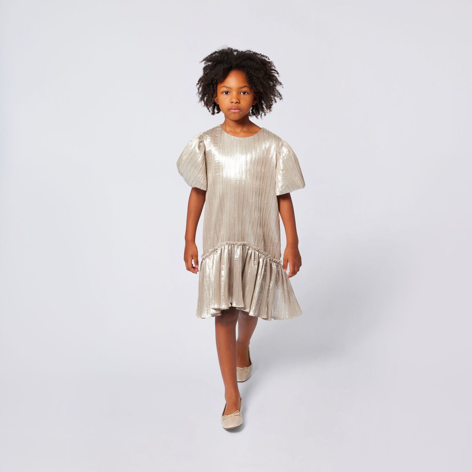 Girls Metallic Gold Pleated Dress , 1, hi-res