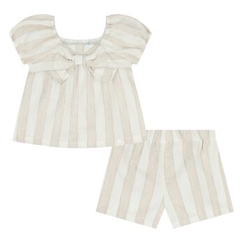 Younger Girls Beige & White Striped Shorts Set