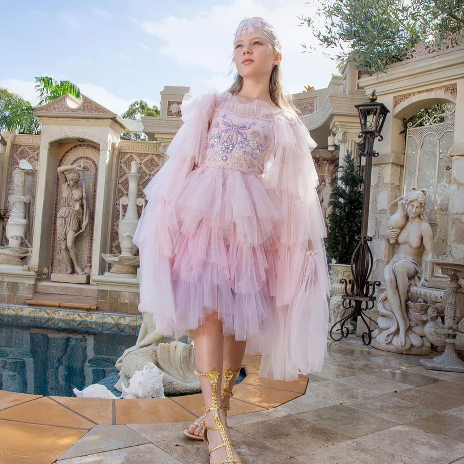 Girls Pink Embellished Tulle Dress, 1, hi-res