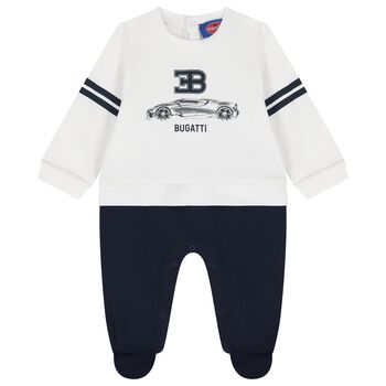 Baby Boys White & Navy Blue Logo Babygrow