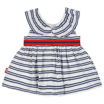 Younger Girls White & Navy Blue Striped Dress