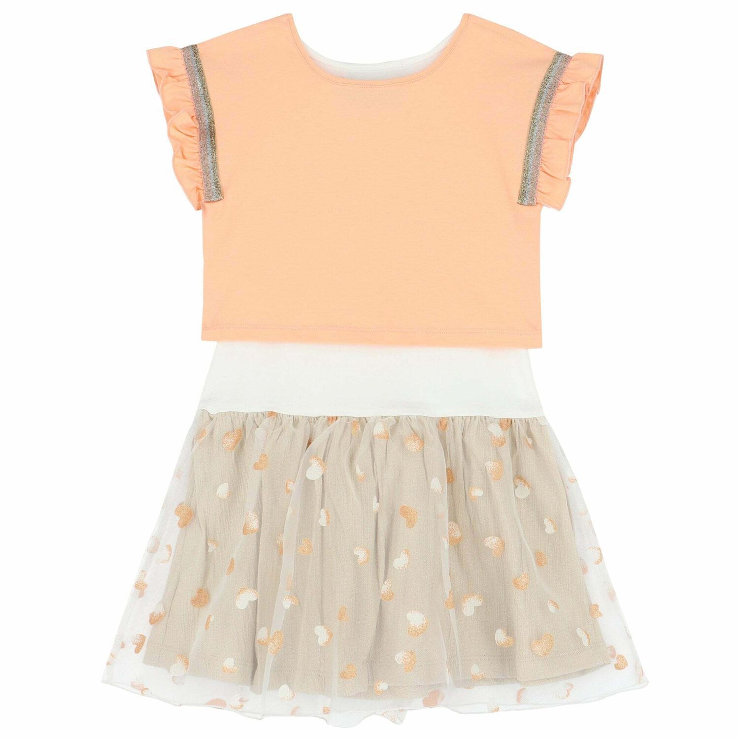 طقم فستان بالشعار باللون الزهرى والذهبى للبنات, 1, hi-res