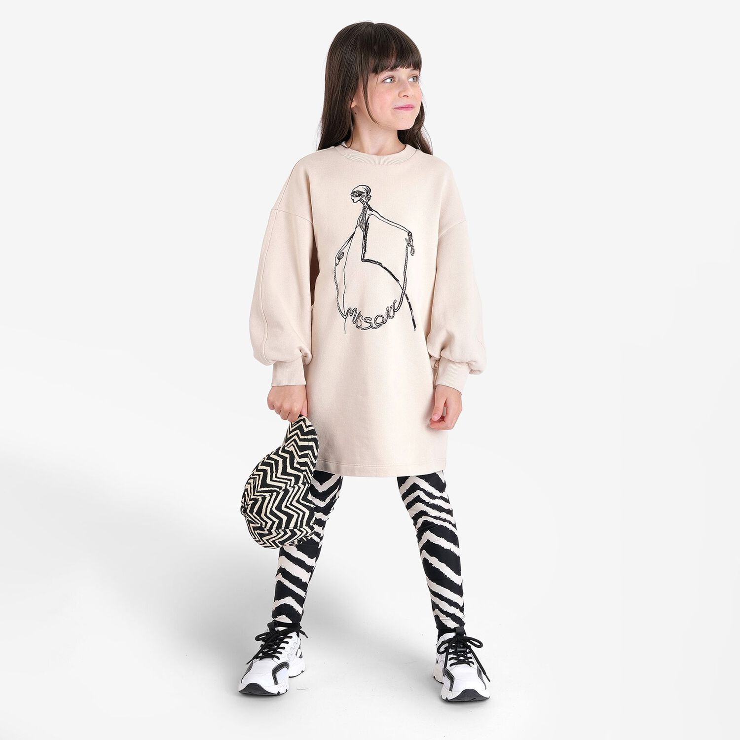 Girls Black & Ivory Zig Zag Leggings, 1, hi-res