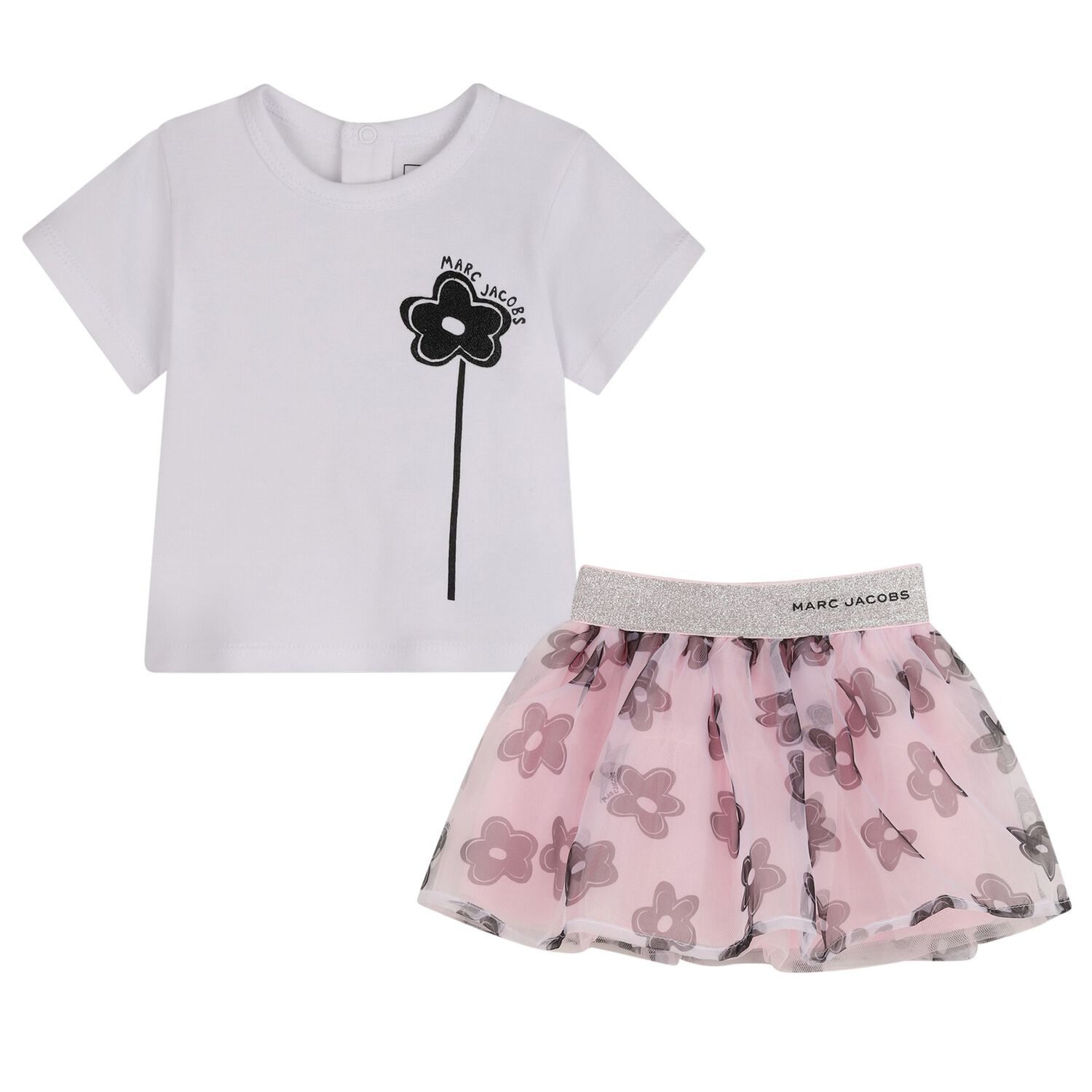 Younger Girls White & Pink Flower Skirt Set, 1, hi-res