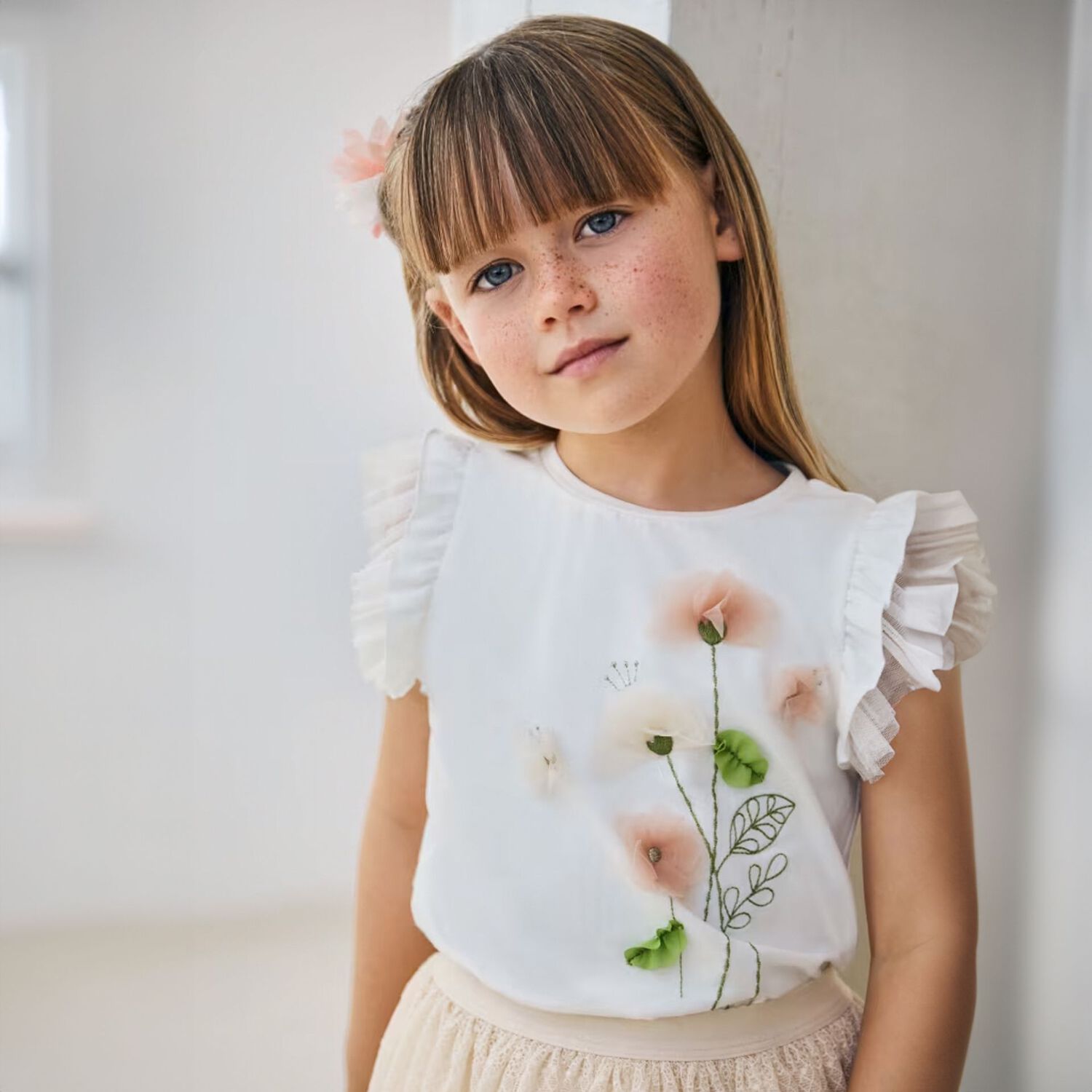 Girls White Tulle Flower T-Shirt, 1, hi-res image number null