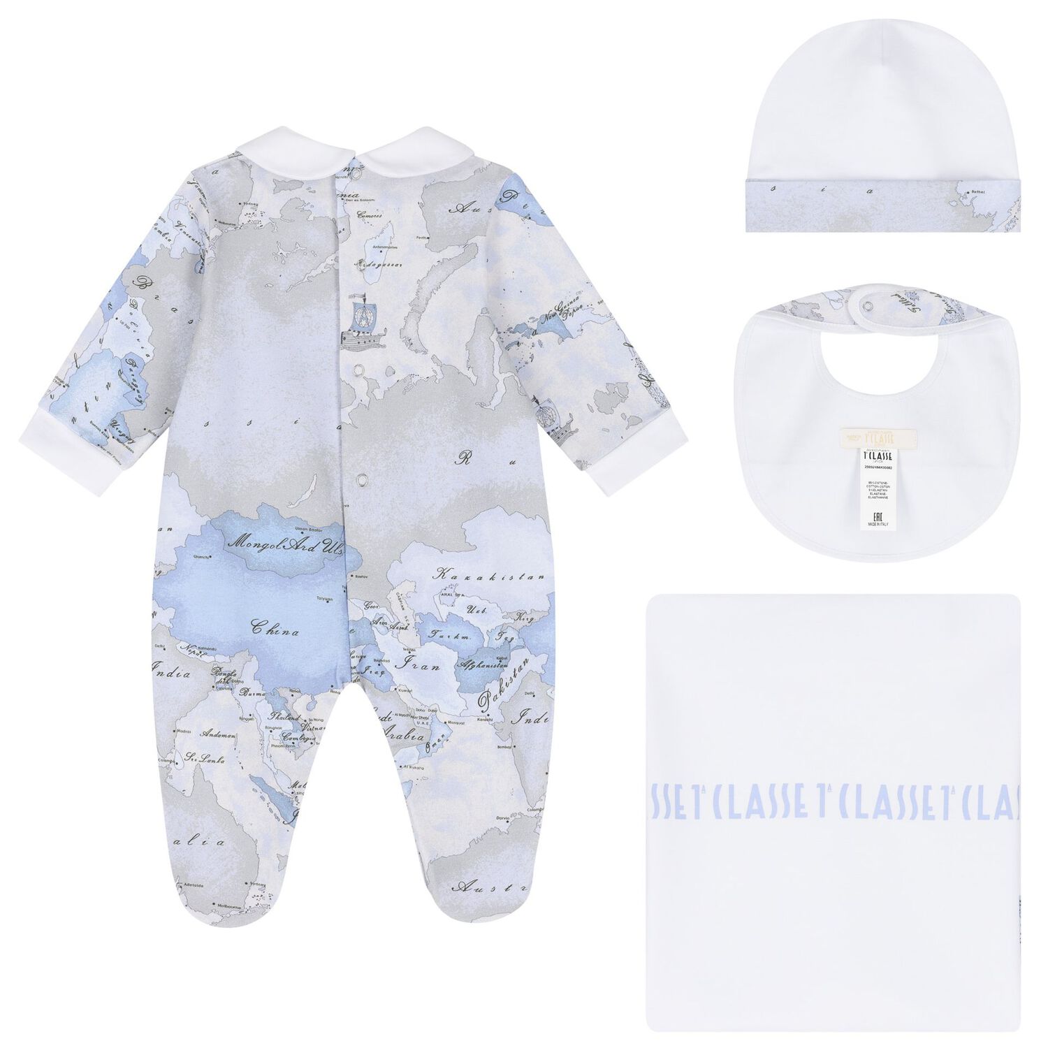 Baby Boys White & Blue Geo Map Babygrow Gift Set, 2, hi-res