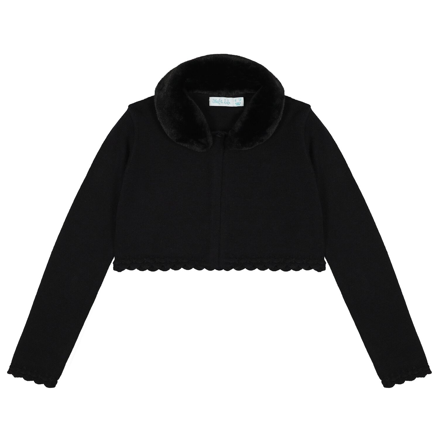 Girls Black Faux Fur Collar Cardigan, 1, hi-res