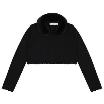 Girls Black Faux Fur Collar Cardigan