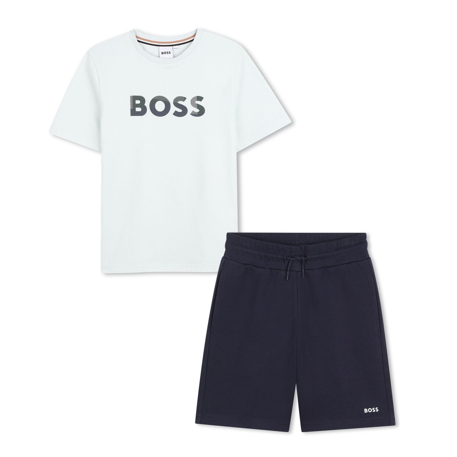 Boys Mini Me White & Navy Blue Logo Shorts Set, 1, hi-res