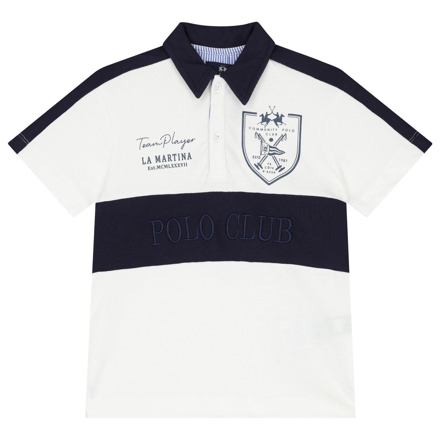 Boys White & Navy Blue Logo Polo Shirt, 1, hi-res image number null