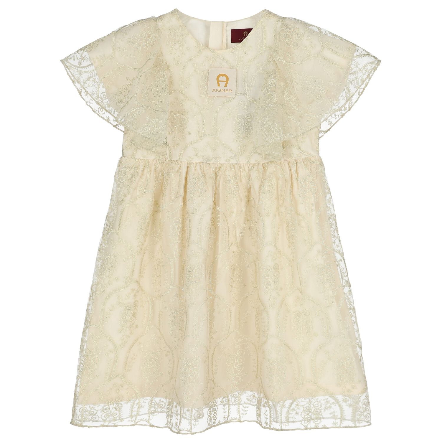 Girls Ivory & Gold Logo Embroidered Dress, 1, hi-res