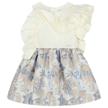Girls White & Blue Floral Ruffle Dress