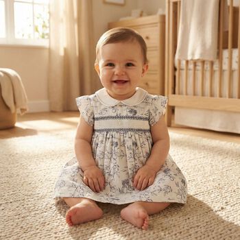 Baby Girls White & Navy Blue Smocked Dress