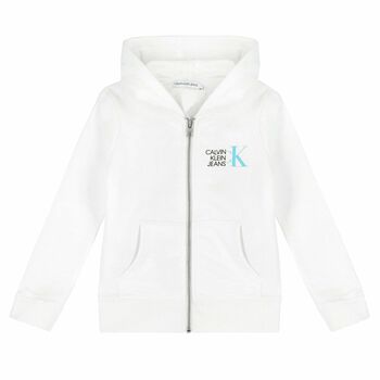 Boys White Logo Zip Up Hooded Top