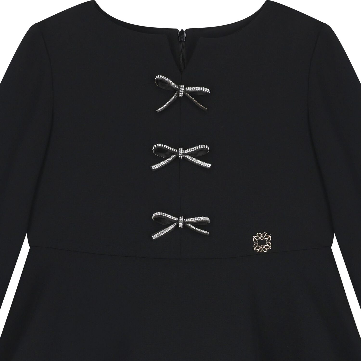 Girls Black Diamante Bow Dress, 1, hi-res