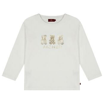 Girls Ivory & Gold Teddy Bear Logo Long Sleeve Top
