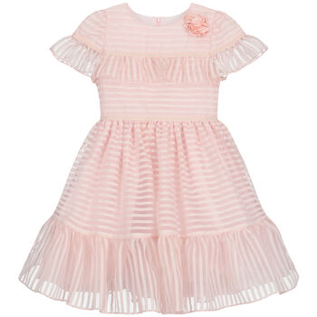 Girls Pink & Ivory Organza Stripe Dress