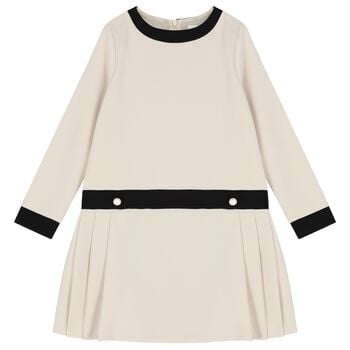 Girls Ivory & Black Pleated Dress