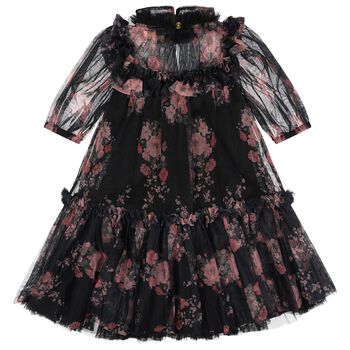 Girls Navy Blue & Pink Floral Tulle Myrtisa Dress