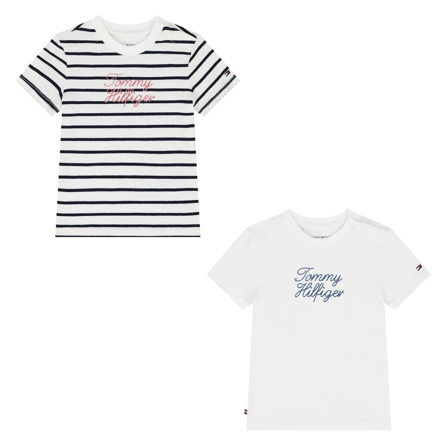 Younger Boys White & Ivory Striped Logo T-Shirts (2 Pack), 1, hi-res