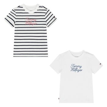 Younger Boys White & Ivory Striped Logo T-Shirts (2 Pack)
