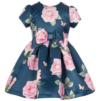 Girls Navy Rose Print Satin Dress