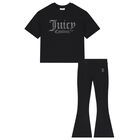 Girls Black Diamante Logo & Flared Leggings Set, 1, hi-res