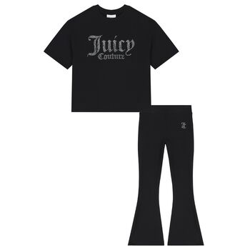Girls Black Diamante Logo & Flared Leggings Set