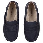 Younger Boys Navy Blue Suede Leather Moccasins, 2, hi-res