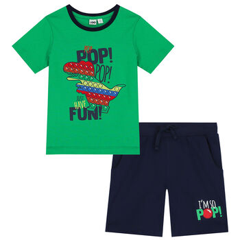 Boys Green & Navy Blue Dinosaur Shorts Set