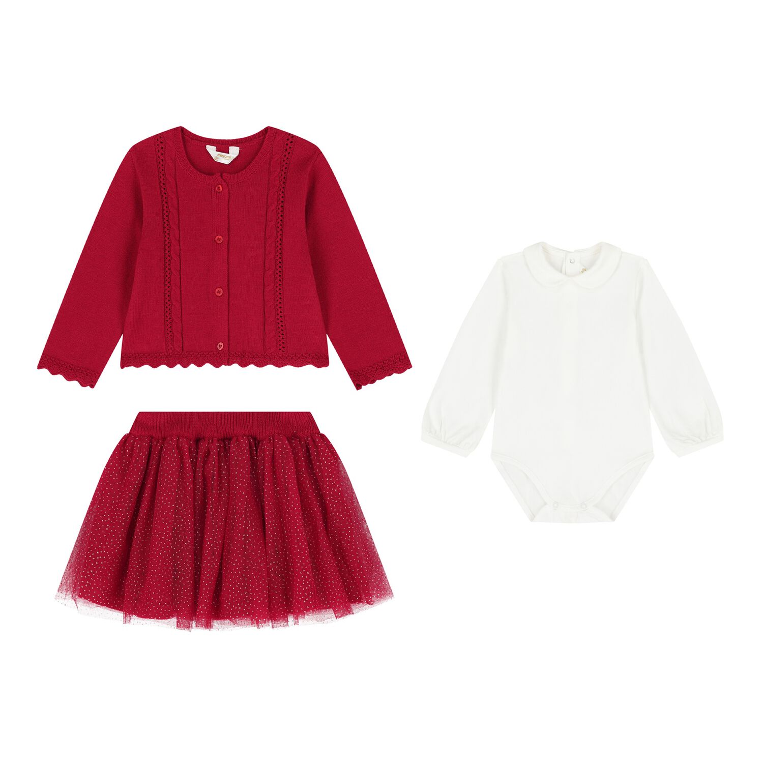 Baby Girls Red & Ivory Tulle Skirt Set, 3, hi-res