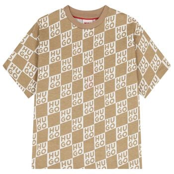 Boys Beige & White Check Logo T-Shirt