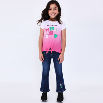 Girls Blue Denim Logo Trousers