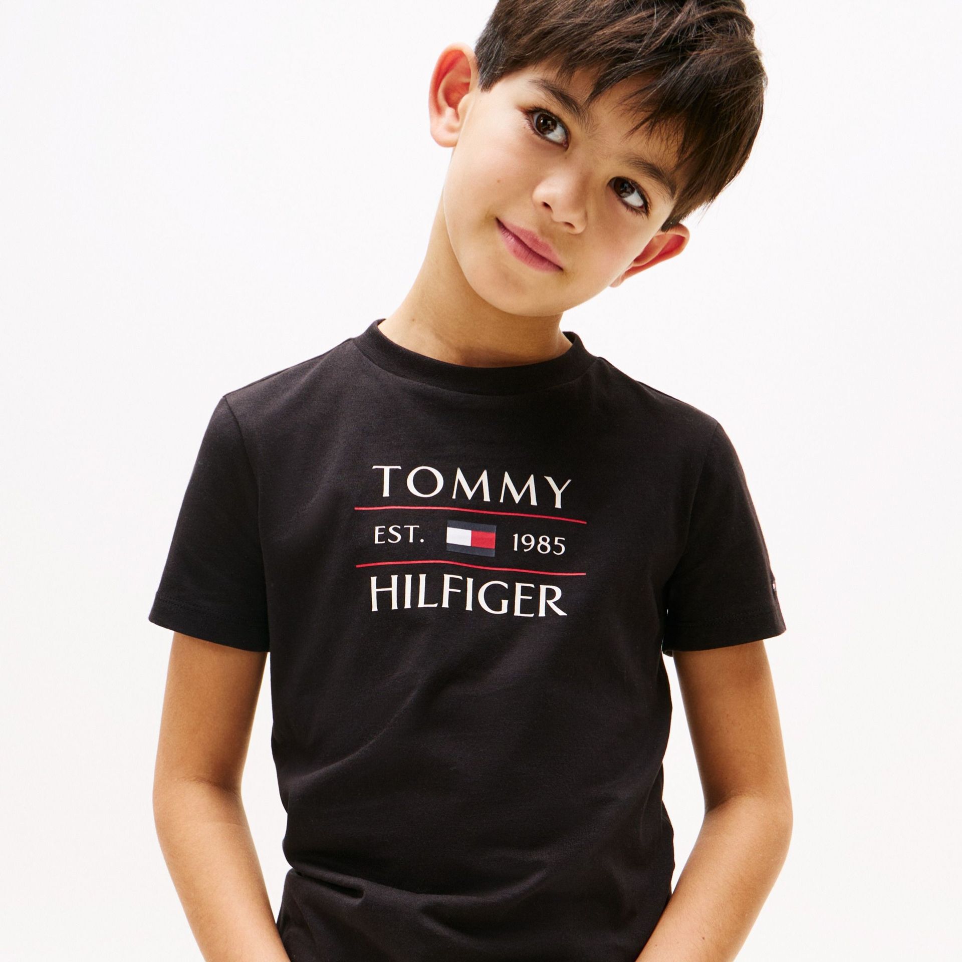 Tommy Hilfiger Boys Black Flag Logo Cotton T-Shirt | Junior
