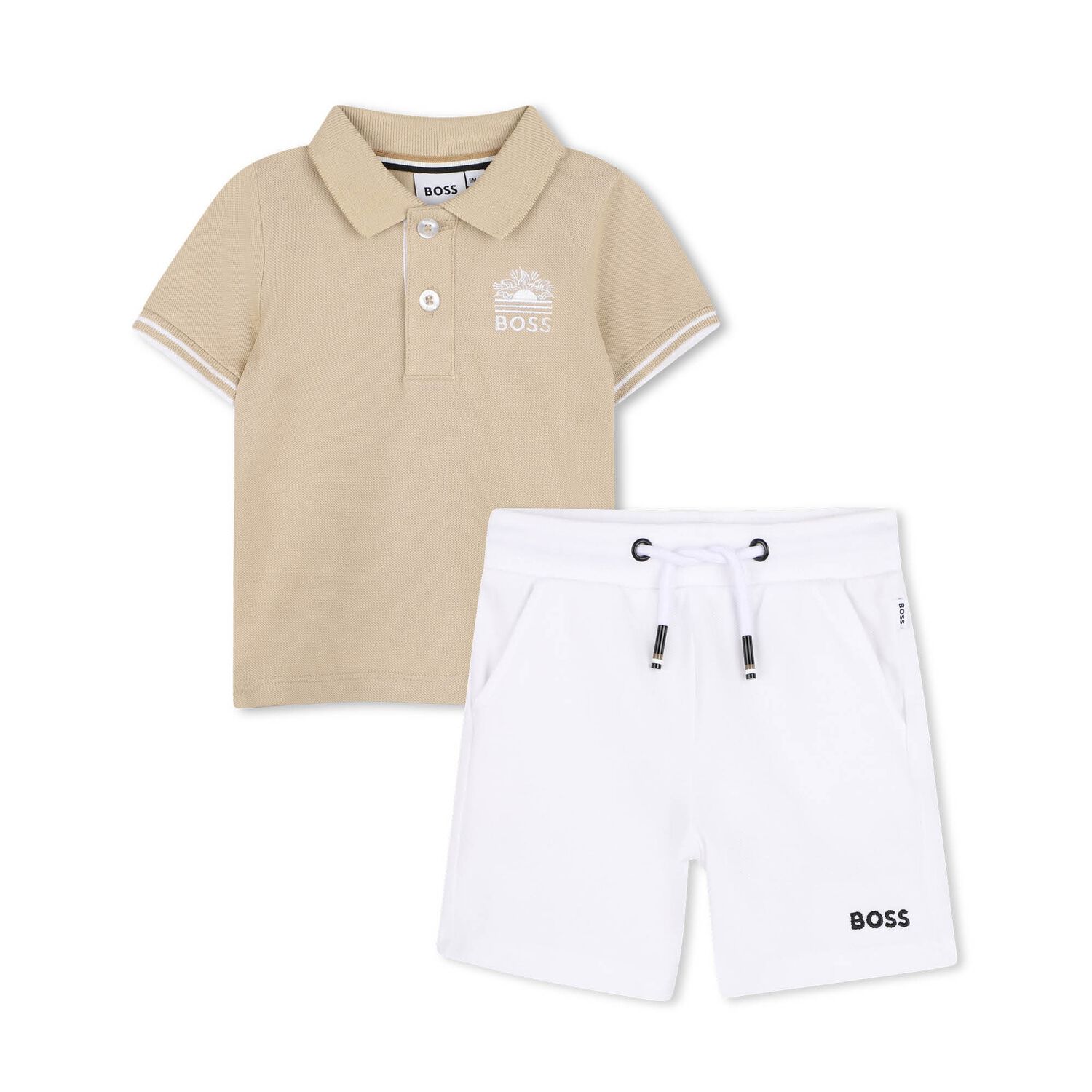  Younger Boys Beige & White Logo Shorts Set, 1, hi-res
