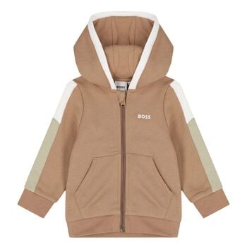 Younger Boys Beige Hooded Zip Up Top
