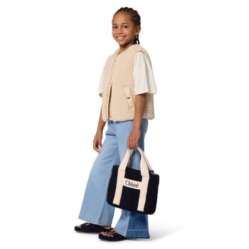 Girls Navy Blue Faux Shearling Logo Handbag