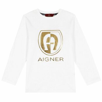 Boys White & Gold Logo Long Sleeve Top