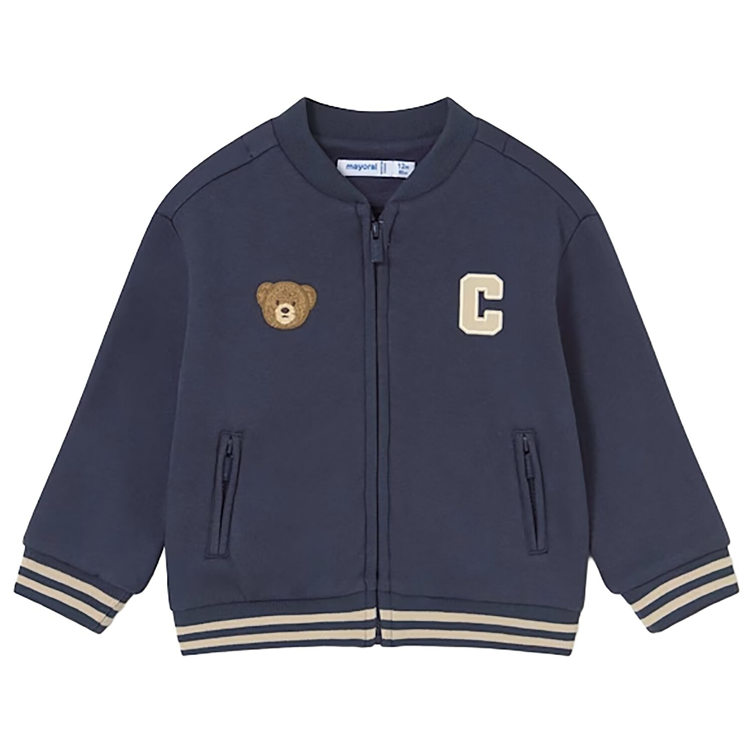 Younger Boys Navy Blue Teddy Bear Zip Up Top, 1, hi-res