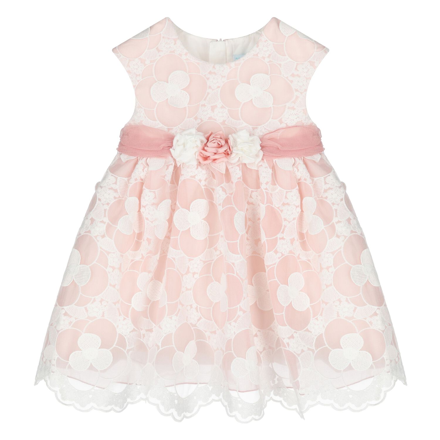 Younger Girls White & Pink Embroidered Organza Dress, 1, hi-res